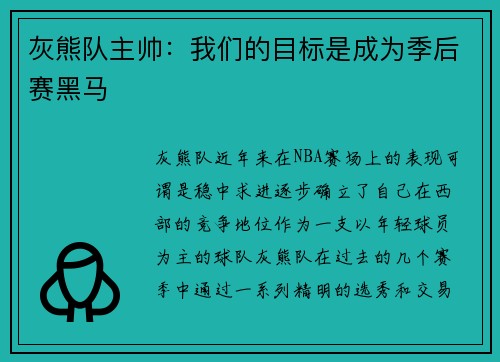 灰熊队主帅：我们的目标是成为季后赛黑马