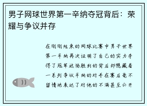 男子网球世界第一辛纳夺冠背后：荣耀与争议并存