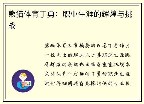 熊猫体育丁勇：职业生涯的辉煌与挑战
