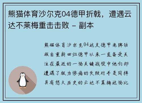 熊猫体育沙尔克04德甲折戟，遭遇云达不莱梅重击击败 - 副本