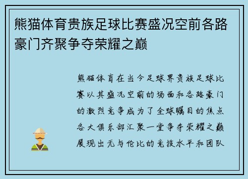 熊猫体育贵族足球比赛盛况空前各路豪门齐聚争夺荣耀之巅