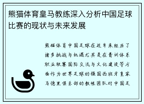 熊猫体育皇马教练深入分析中国足球比赛的现状与未来发展