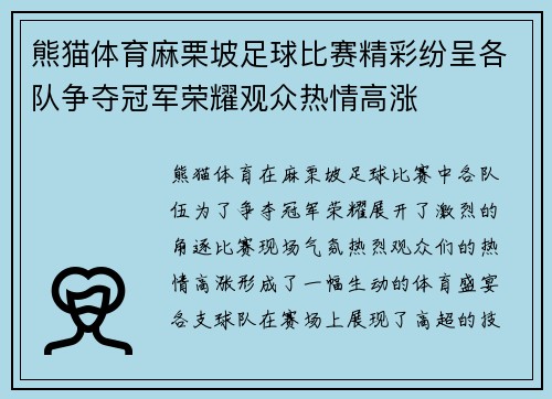 熊猫体育麻栗坡足球比赛精彩纷呈各队争夺冠军荣耀观众热情高涨