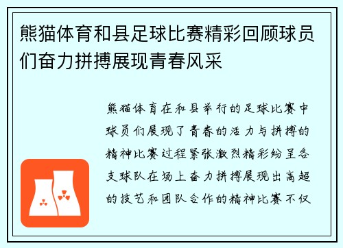 熊猫体育和县足球比赛精彩回顾球员们奋力拼搏展现青春风采