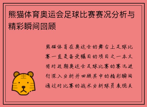 熊猫体育奥运会足球比赛赛况分析与精彩瞬间回顾