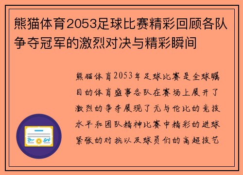 熊猫体育2053足球比赛精彩回顾各队争夺冠军的激烈对决与精彩瞬间
