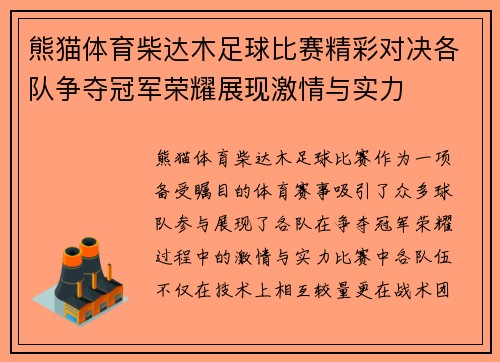 熊猫体育柴达木足球比赛精彩对决各队争夺冠军荣耀展现激情与实力