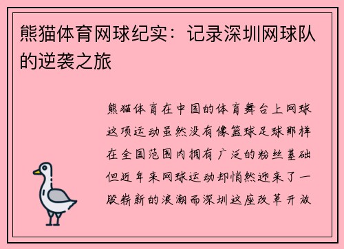 熊猫体育网球纪实：记录深圳网球队的逆袭之旅
