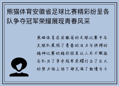 熊猫体育安徽省足球比赛精彩纷呈各队争夺冠军荣耀展现青春风采