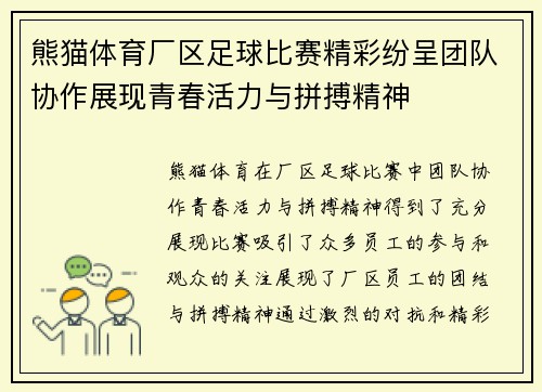熊猫体育厂区足球比赛精彩纷呈团队协作展现青春活力与拼搏精神