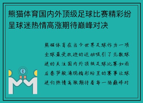 熊猫体育国内外顶级足球比赛精彩纷呈球迷热情高涨期待巅峰对决