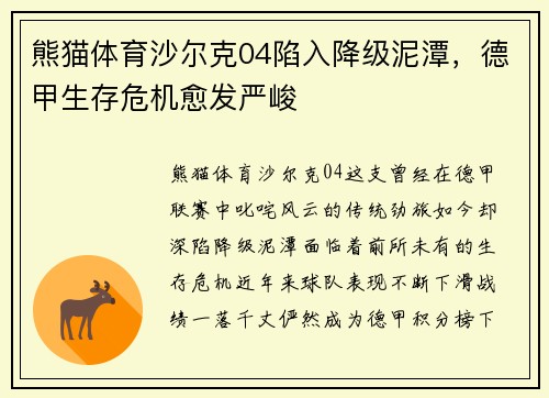 熊猫体育沙尔克04陷入降级泥潭，德甲生存危机愈发严峻
